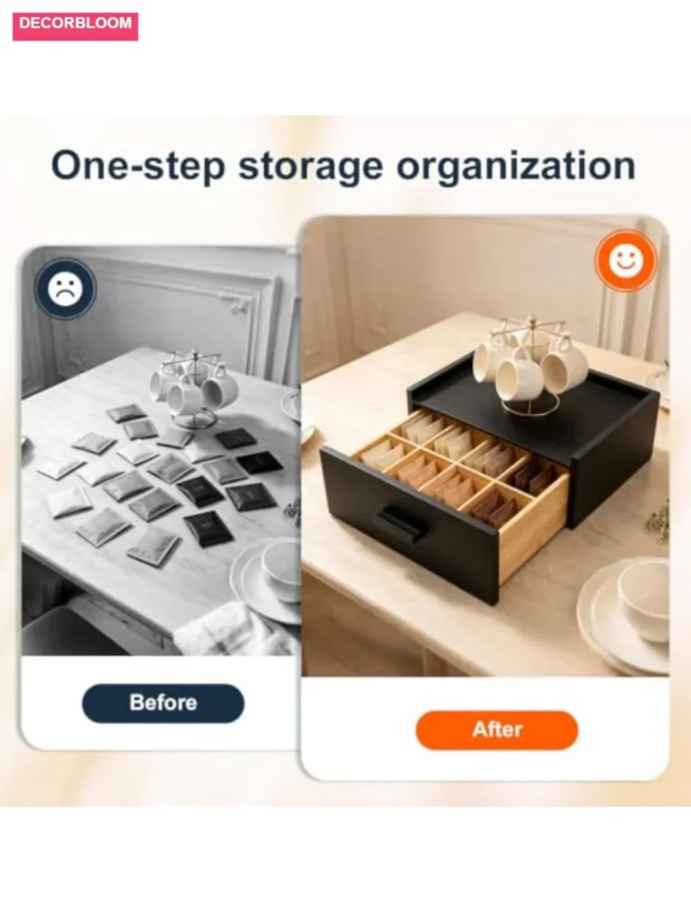 Bamboo Tea Bag Organizer Box with Drawer for Counter, 8 Compartments, Storage